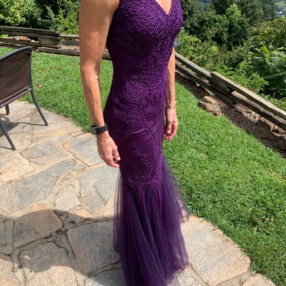 Cachet Purple Embroidered Tulle Trumpet Gown - Picture 2 of 16